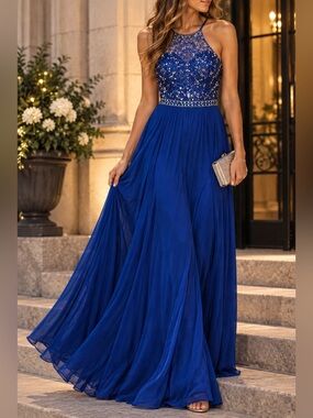 Blush Prom Royal Blue Beaded Rhinestone Chiffon Gown Size 6 Formal Gala